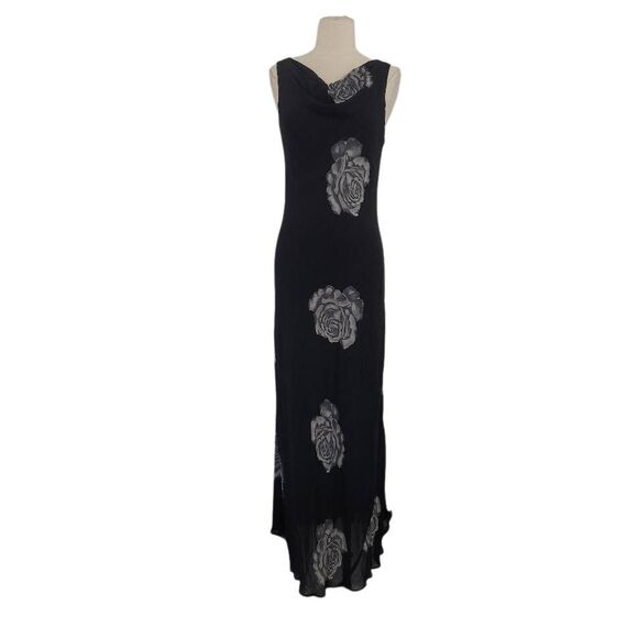 Vtg 90s Y2K Tessuto Black Floral Sleeveless Maxi Dress‎ Sz M Cowl Neck Rayon - Picture 1 of 9